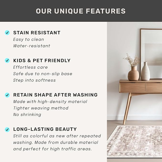 Washable Neutral Farmhouse Living Room Rug, 5x7 Area Rugs for Bedroom, Nursery Room, Boho Vintage Floral Non-Slip Rug Low Pile Stain Resistant (5x7 Beige/Latte)