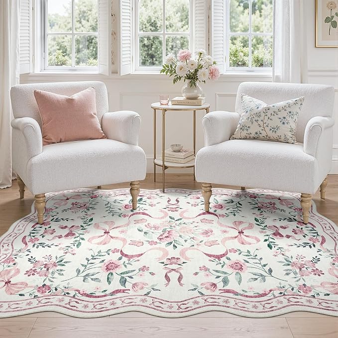 DCX Scalloped Washable 5x7 Bow Rug, Pink Floral Rug for Girls’ Bedroom, Cute Soft Low Pile Indoor Décor Carpet, Kid & Pet Friendly Nursery Rug for Living Room, Dorm, Playroom