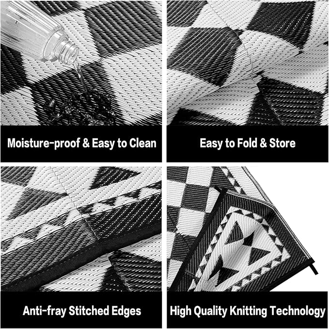 HUGEAR Outdoor Waterproof Rug 6'x9' Plastic Straw Rugs Washable Reversible Floor Mat Black/White Plaid Carpet for Camping RV Deck Entryance Porch Picnic Balcony Beach Backyard