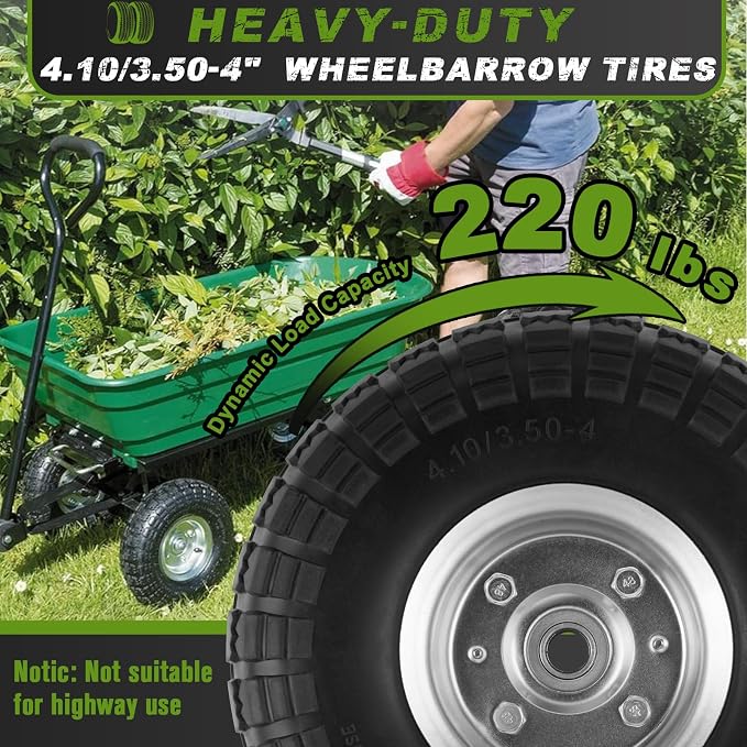 4 Pcs 4.10/3.50-4" Tire and Wheel Flat Free, 10 Inch Solid Rubber Tires with 5/8" Axle Bore Hole, 2.2" Offset Hub for Hand Truck, Wheelbarrow, Gorilla Cart, Garden Wagon Cart, Dolly, Utility Cart