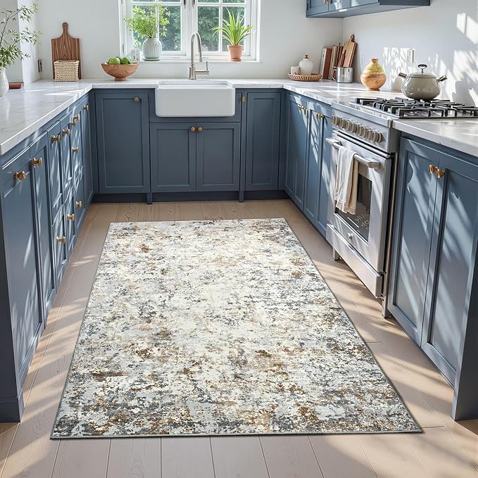 Toneed 4x6 Washable Area Rugs for Bedroom Living Room, Brown Grey Gold | Abstract Non Slip Soft Modern Low Pile Rug for Kitchen Hallway Office,Indoor Carpet for Kids Nursery Home Decor