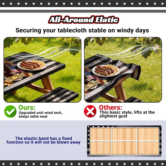 Picnic Table Cover with Bench Covers, 250th Anniversary Eagle Patriotic Decor, Windproof Waterproof Fitted Tablecloth with Elastic, Rectangle for 4th of July, Outdoor Camping Parties, 72x30 Inch