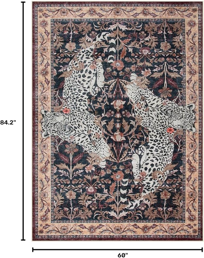 Moynesa Leopard Washable Area Rugs for Living Room, 5x7 Vintage Soft Rug for Bedroom, Non Slip Boho Ultra Thin Large Stain Resistant Throw Rug for Dining Guest Room, Puce Red