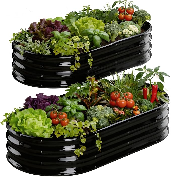 Rakukiri Raised Garden Bed Outdoor, GRS Certified Recycled Metal Planter Box 2 Sets, 4FT Galvanized Oval Herb Garden Kit, Bottomless Large Garden Beds for Vegetables Flowers, Rust-Resistant Black