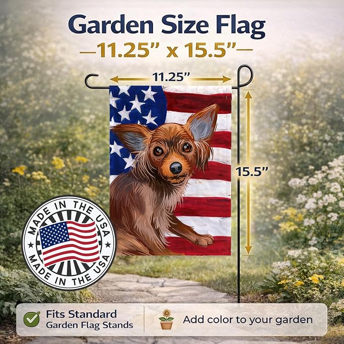 Caroline's Treasures CK6680GF Russian Toy Dog American Flag Garden Flag Mailbox Flag Decorative Yard Flag Banner Outside Patio Artwork Yard Flower Beds, Garden Size, Multicolor