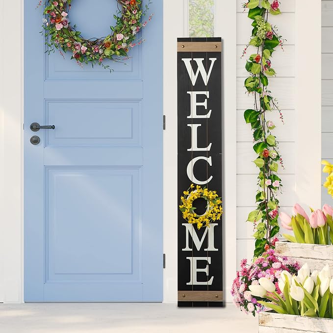 Glitzhome 60”H Welcome Sign for Front Door Porch Farmhouse Wooden Hanging Wall Sign with 4 Interchangeable Floral Wreaths for Seasons Spring Summer Fall Harvest Thanksgiving Christmas Home Decor