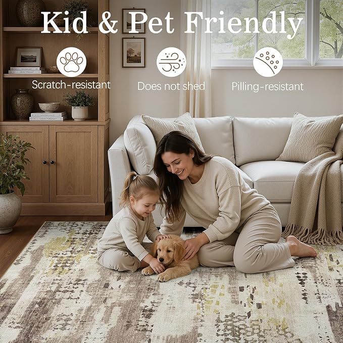 DCX Washable Abstract Area Rug 5x7, Non Slip Low Pile Rug, Brown | Easy to clean, non-shedding, soft, kid & pet friendly, with a non-slip rubber backing for living rooms, bedrooms, and offices