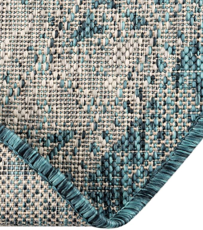 Unique Loom Outdoor Aztec Collection Area Rug - Coba (5' 3" x 8' Oval, Teal/ Ivory)