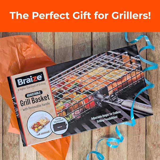 Adjustable Grill Basket with Removable Handle – 4 Height Levels for Vegetables, Meat, Fish & More – Locking Lid - Basting Brush, Scrub Sponge & Storage Bag for Outdoor Cooking