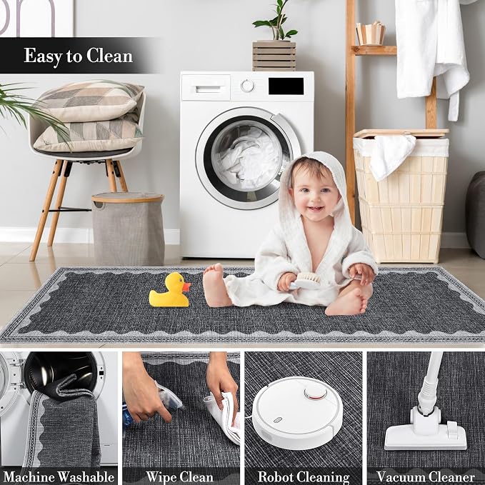 2x3 Scalloped Area Rugs Grey Washable Entryway Bedroom Rug | Solid Small Area Rug Non Slip Scalloped Bath Mat, Front Door Mat Indoor Entrance,Soft Girls Nursery Dorm Carpet for Kitchen