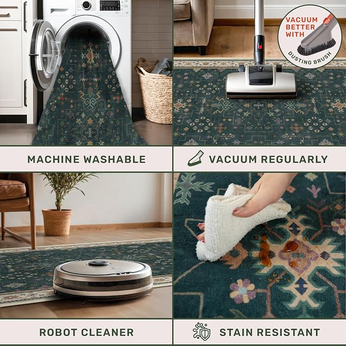 Dark Green 2x8 Non Slip Kitchen Runner Rugs - Modern Vintage Boho Eclectic Floral Pattern, Washable Low Pile Non-Slip 8ft Long Runner Rugs for Hallway, Entrance