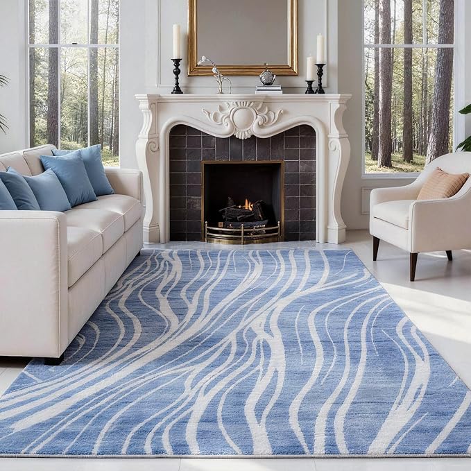 Washable Area Rug 6x9, Large Soft Rugs for Living Room Blue Waves Carpet 6x9 Area Rugs for Bedroom Dining Room Non-Slip Stain Resistant Under Table Rug