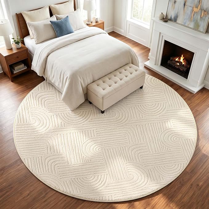 Etwel 6.5 ft Beige Geometric Textured High-Low Pile Washable Round Rug | Modern Soft Carpet, Non-Slip PVC Backing, Low Profile, Kid and Pet Friendly, for Living Room, Bedroom, Dining Room, Nursery