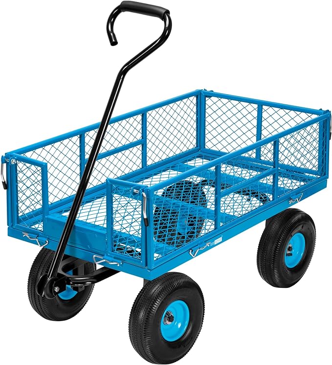 VIVOHOME Heavy Duty 880 Lbs 4.5 Cu Ft Mesh Steel Garden Cart Utility Wagon | Removable Sides and 4.10/3.50-4" Wheels 10 inch Tire (Blue)