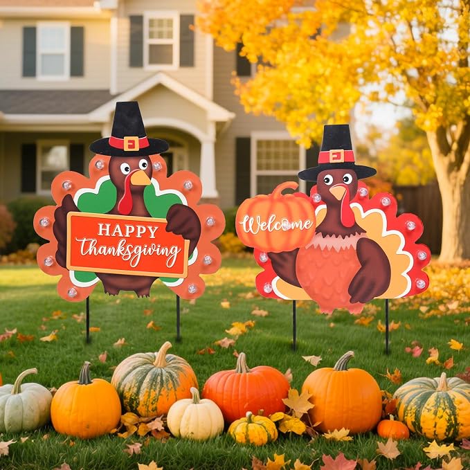 Fall Yard Decor Outdoor Autumn Harvest Garden Stakes with LED Light Autumn Two Turkeys Yard Sign with Stakes Fall Thanksgiving Decoration for Home Outside Lawn Garden Holiday Decor