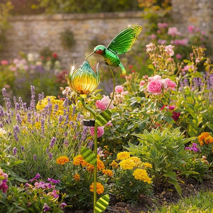 TERESA'S COLLECTIONS Glass Flower Bird Pathway Solar Outdoor Light for Garden Decor, 39'' Tulip and Hummingbird Metal Decorative Stakes Yard Art for Lawn Patio Porch Decorations, Gifts for Mom