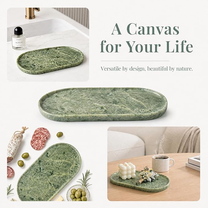 Genuine 100% Natural Marble Tray, Luxury Green Stone Vanity Tray | 11.8" x 5.9" Decorative Oval Trays for Countertop Storage, Bathroom, Dresser, Kitchen, Home Decor, Jewelry Makeup Organizer