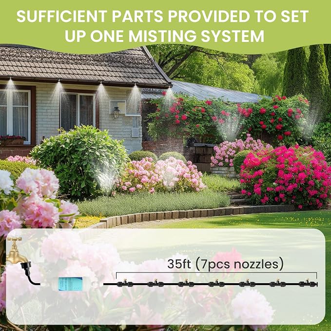 35FT Mister for Outside Patio Misting Cooling System, 35FT (11M) Misting Line+7 Brass Mist Nozzles+Water Filter, Outdoor Mister System for Garden Greenhouse Trampoline Waterparke