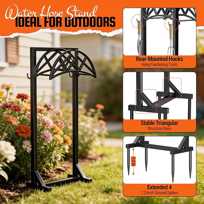 Garden Hose Holder, Heavy-Duty Metal Stand with Stable Base & 2 Tool Hooks, Freestanding Storage Rack for Outside, Holds 150ft – Hose Holders for Yard & Lawn