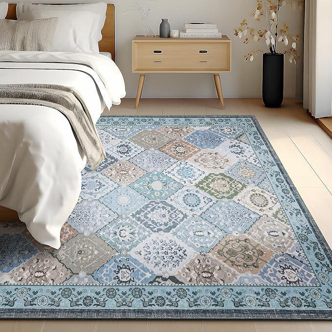 Phantoscope Washable Area Rug 5'x7' Non-Slip, Vintage Boho Rugs for Living Room, Bedroom, Dining Room, Distressed Moroccan Mosaic Diamond Pattern, Low-Pile Foldable Floor Carpet, Blue Teal/Neutral