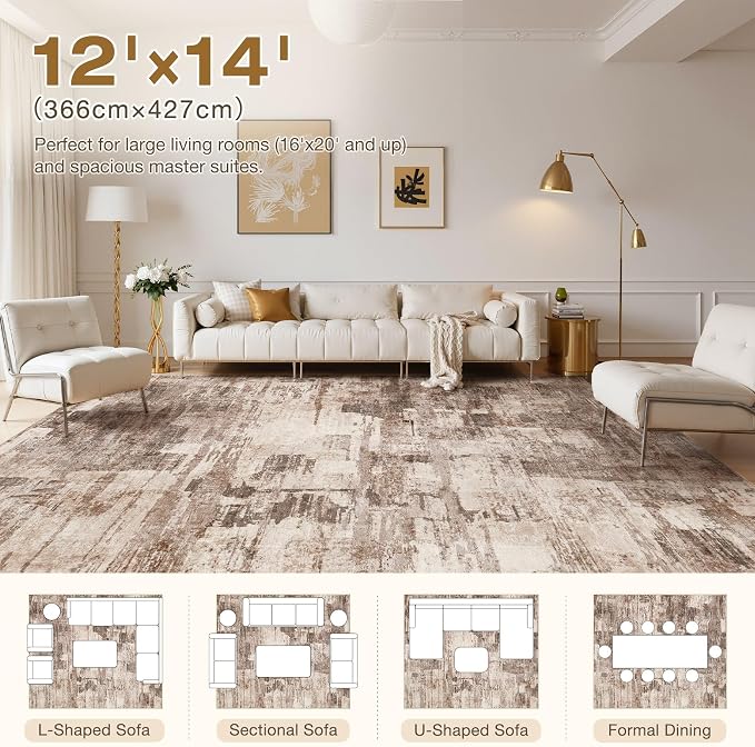 kakania Abstract 12x14 Area Rugs for Living Room: Washable Rugs Brown | Soft, Non-Slip, Low-Pile, Pet & Kid Friendly - Large Modern Home Decor Carpet for Bedroom/Dining Room/Office/Nursery