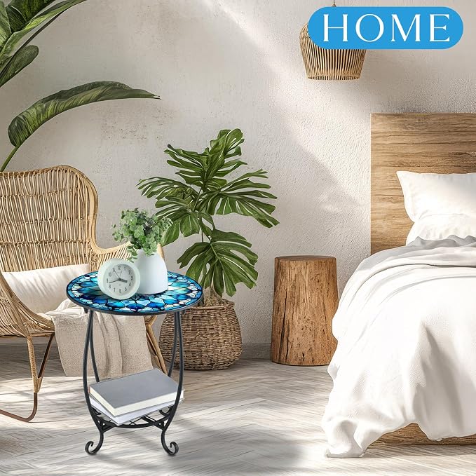 Cinnvoice Outdoor Side Table Round Small Mosaic Patio Accent Indoor End Plant Coffee Tea Table for Yard Patio Porch Garden Living Room, Bedroom(Mandala Style2,18 Inch)
