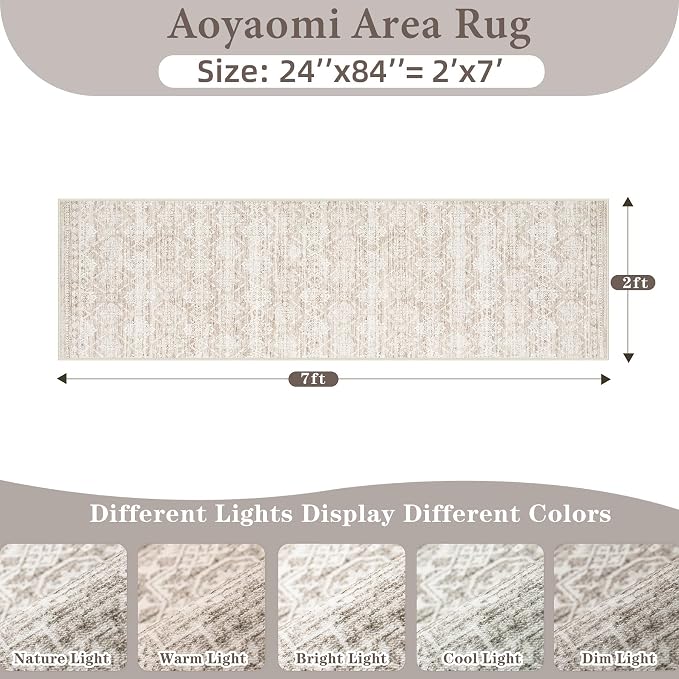 Runner Rug 2x7 Boho Geometric Area Rugs: Washable Kitchen Entryway Rug, Soft Non Slip Moroccan Long Hallway Rugs for Bedroom Bathroom Laundry Entryway Staircase Foyer(Ivory Mocha,2'x7')