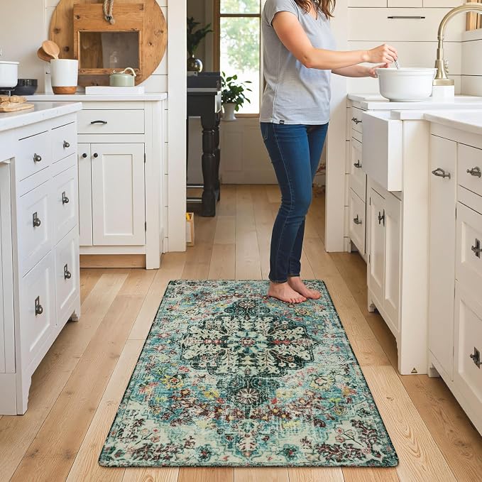 Lahome Reine Bohemian Floral Medallion Area Rug - 3x5 Washable Bedroom Rug Entryway Mat, Non Slip Pet Friendly Turkish Nursery Carpet for Kitchen Sink Camper Couch Living Dining Room Office Hardwood