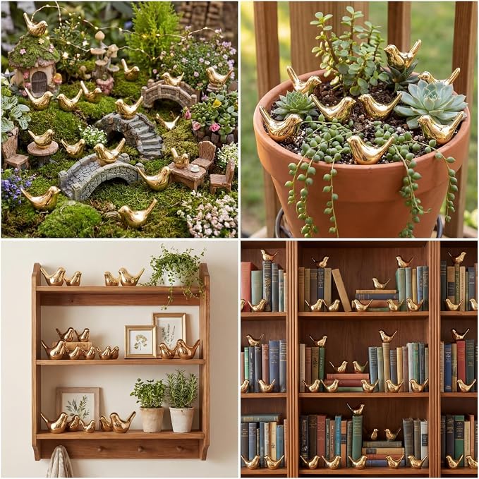 Sieral 100 Pcs Golden Mini Bird Figurines Miniature Resin Bird Statues Small Animal Statues Fairy Garden Accessories for Micro Garden Landscape Dollhouse Cake Potted Plants DIY Craft, 0.59 x 0.67 Inch