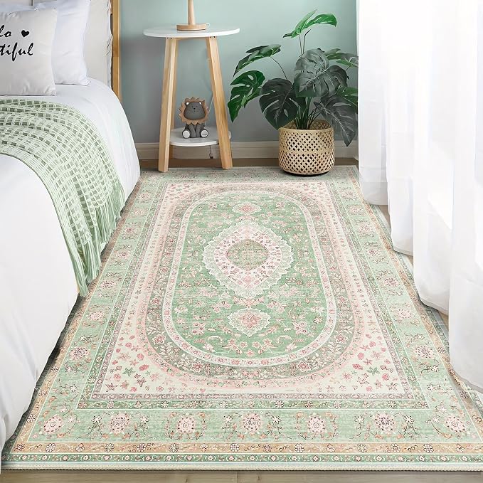 Green Rug 3x5,Washable Area Rugs for Bedroom Living Room Entryway | Small Boho Vintage Bohemian Distressed Oriental Non Slip Carpet,Sage Blush Floral