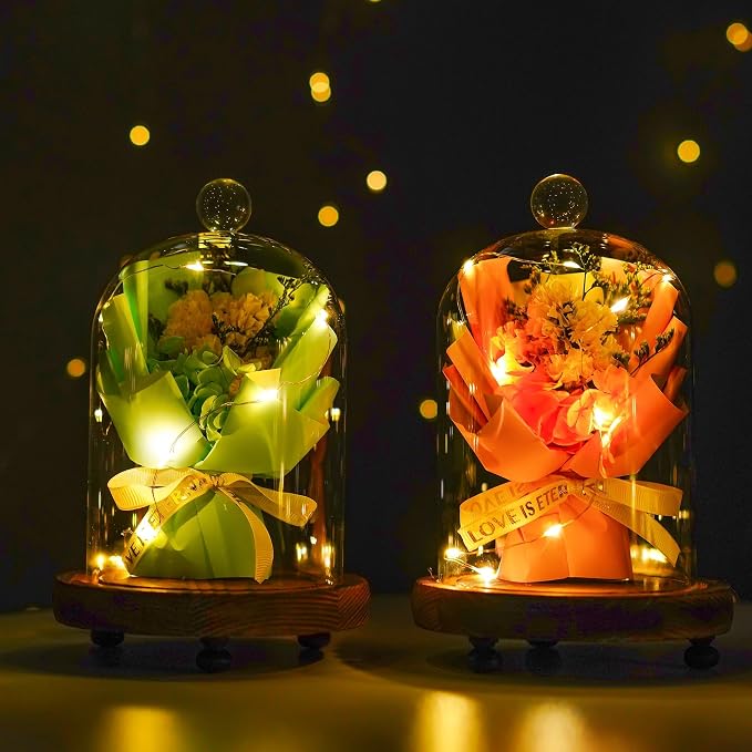 2 Pack Decorative Glass Cloche Bell Jars with Wooden Bases, 6.4" Tall Tabletop Accent Covers for Seasonal Centerpieces, Fairy Lights and Home Decor
