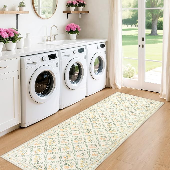 PLHXFR 2.6x8 Washable Runner Rug：Floral Indoor Kitchen Carpet Beige Multi | For Hallway Bedroom Kitchen Laundry Bathroom Dorm,Vintage Floral,Machine washable,Non Slip,Stain Resistant,Indoor Floor