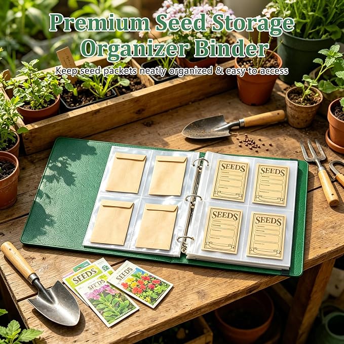 Seed Storage Binder Organizer for 200 Seed Packets 50 Sheets | Includes 50 Reusable Seed Envelopes and 50 Sheet Protectors, Large-Capacity Storage for Seed Saving, Ideal for Gardeners