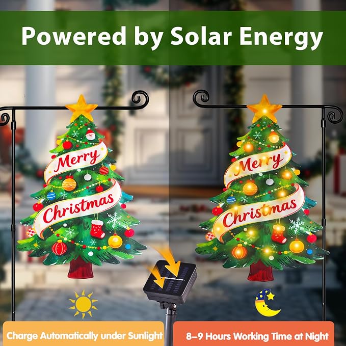 Lighted Christmas Garden Flag for Outside, Solar LED Xmas Tree Flag Decoration, 12x18 Double Sided Outdoor Yard Lawn Decor (Shape Christmas Tree, 12x18 Inch)