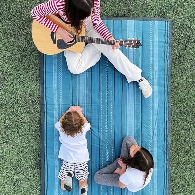 Little Unicorn 5'x5' Outdoor Family Picnic & Beach Blanket | Durable & Water-Resistant Fabric | Compact Fold & Easily Wipes Clean | Zipper Pocket (Shoreline Stripe)