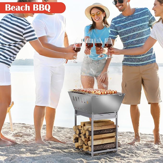 24 Inch Stainless Steel Outdoor Fire Pit with Grill 3-in-1 Wood Burning Fire Pits for Outside Square Firepit with Wood Storage and Ash Pan for Camping Patio Bonfire and BBQ