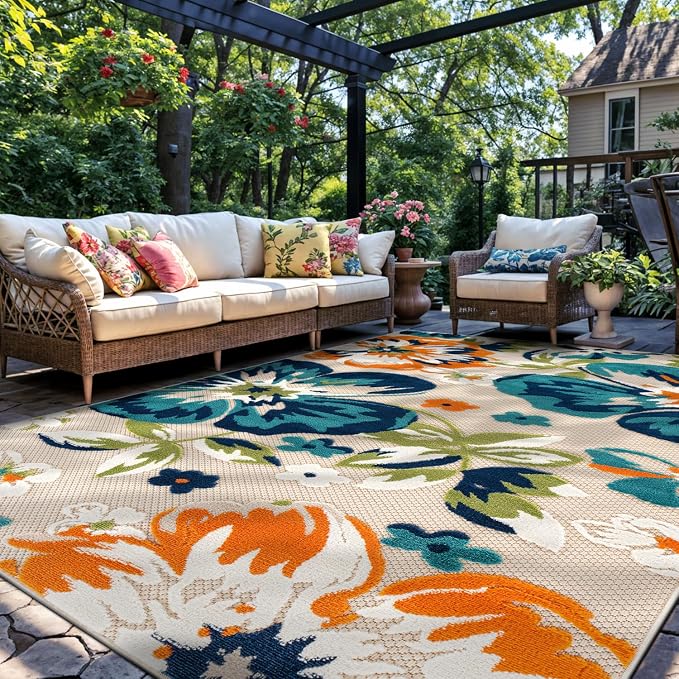 Rugshop Multi Bergamo Floral Indoor/Outdoor Area Rug Machine Washable for Backyard, Deck and Outdoor Lounge, 9' x 12'