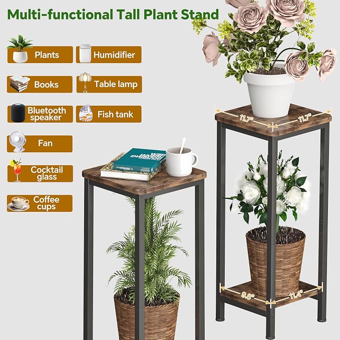 Homeiju Plant Stand Indoor, 2 Tier Wood Corner Plant Stand, Modern Square Plant Shelf Flower Stand for Living Room Patio Balcony Garden, Rustic Brown