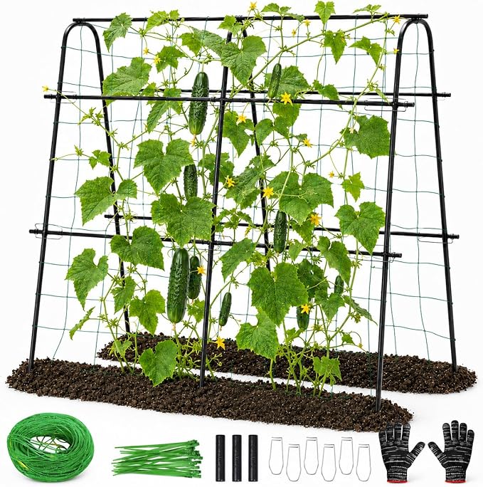 FOLLOOK Cucumber Trellis for Raised Garden Bed, Rustproof Metal Garden Arch Trellis for Climbing Plants Support Outdoor Fruit Grape Vine Vegetable Tomato Pole Bean Snap Pea Trellis, 48x48inch, Black