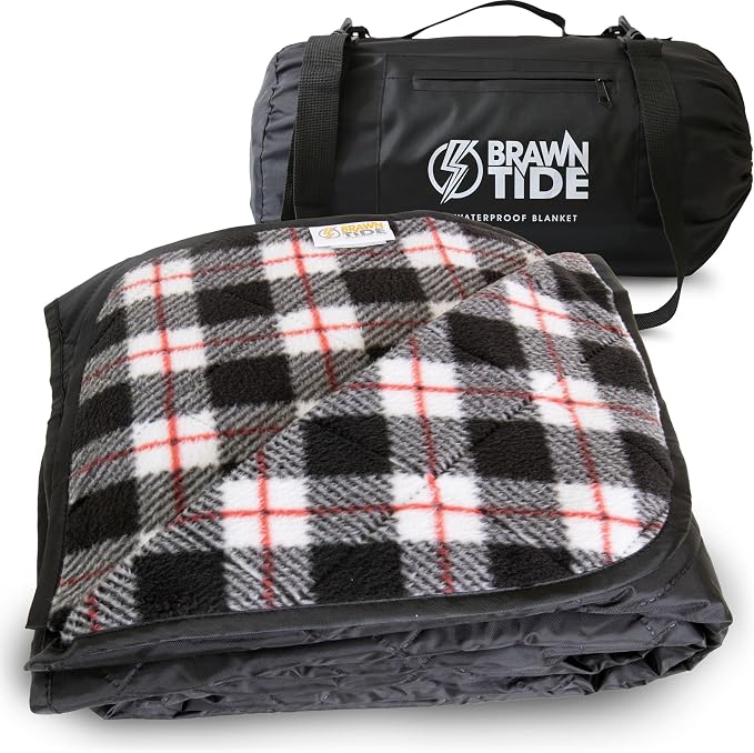 BRAWNTIDE Large Waterproof Outdoor Blanket, Extra Thick Fleece, Warm, Windproof & Sandproof, Quilted Stadium Blanket for Sports Events, Beach, Camping, Picnics, Dogs & Car, 82" x 55