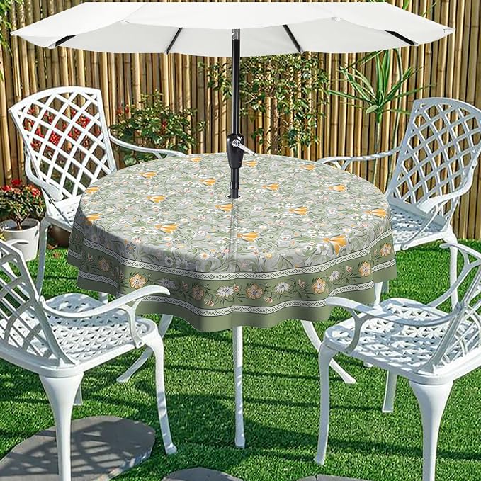 Green Print Outdoor Tablecloth with Umbrella Hole 60" x 60" Waterproof Zipper Table Cloth for Patio Table - Ideal Tablecloths for Picnics, Camping, and Yard Use