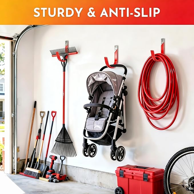 Garage Wall Hooks for Hanging Heavy Duty, 4 Pack Garage Organizer Storage Hooks Wall Mount for Garden Hoses, Brooms, Ladders, Garage Storage