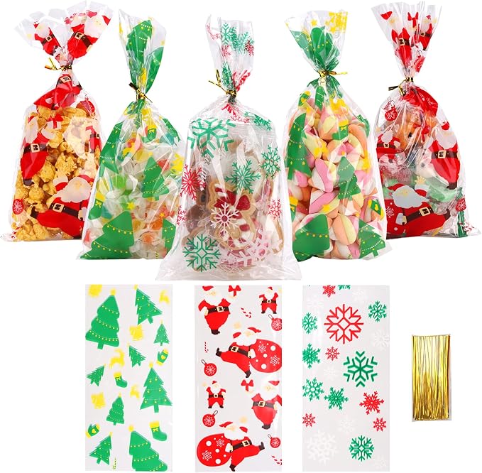 150PACK Christmas Cellophane Bags Treat Cookie Gift Bags with Twist Ties for Christmas Party Favors(150PACK, 5x10inch)