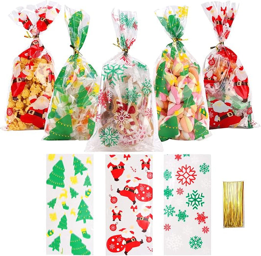 150PACK Christmas Cellophane Bags Treat Cookie Gift Bags with Twist Ties for Christmas Party Favors(150PACK, 5x10inch)