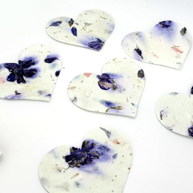 50pcs Large (2.5" h x 2.85" w) Purple Heart Gift Wrap Tags Seed Paper – Writable & Plantable Wildflower, Mom's Gift for Birthday, Use for Wedding, Baby Shower, & Party Favors