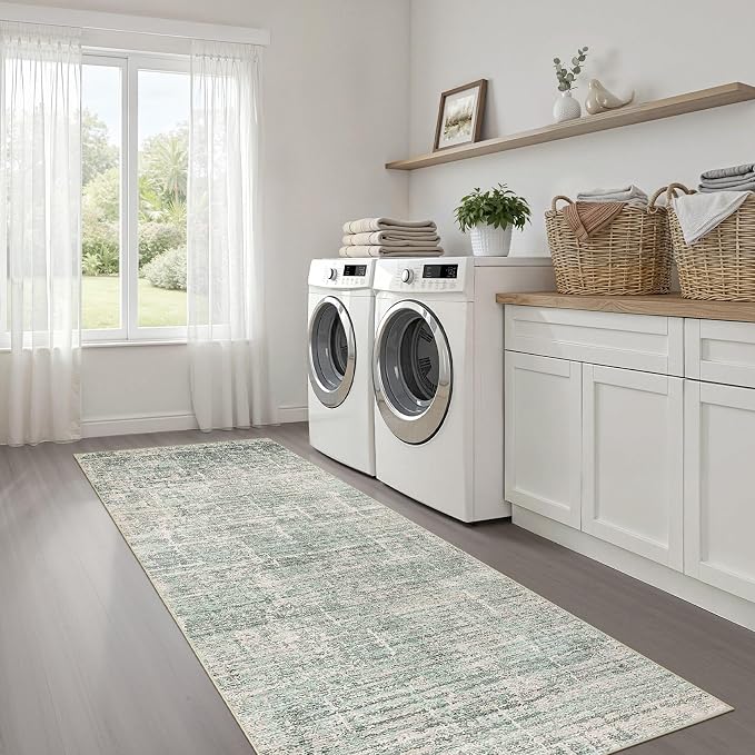LOONGRUG Runner Rug 3x10 Machine Washable Non-Slip Neutral Rug Sage Green | Abstract Soft Stain Resistant Indoor Accent Throw Carpet for Hallway Kitchen Bathroom Laundry Room Bedroom