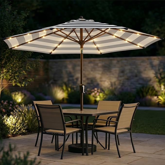 10FT Solar Patio Umbrella with Lights, Outdoor Table Market Umbrella with 32 LED Lights, 8 Sturdy Ribs, Push Button Tilt and Crank for Pool, Deck and Garden, UV-Resistant