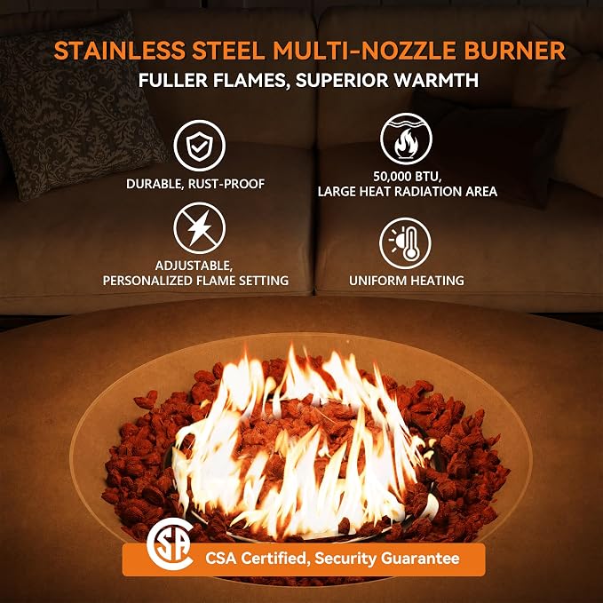 COSIEST Outdoor Propane Fire Pit Coffee Table w Dark Bronze 42 inch Round Base Patio Heater, Certified, 50,000 BTU Stainless Steel Burner, Free Lava Rocks, Waterproof Cover