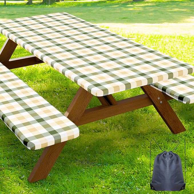 Smiry Picnic Table Cover with Bench Covers, Waterproof Elastic Fitted Tablecloths for 6 Foot Rectangle Tables, Washable Buffalo Plaid Tablecloth for Easter, Outdoor (Sage Green & Beige, 30"x72")