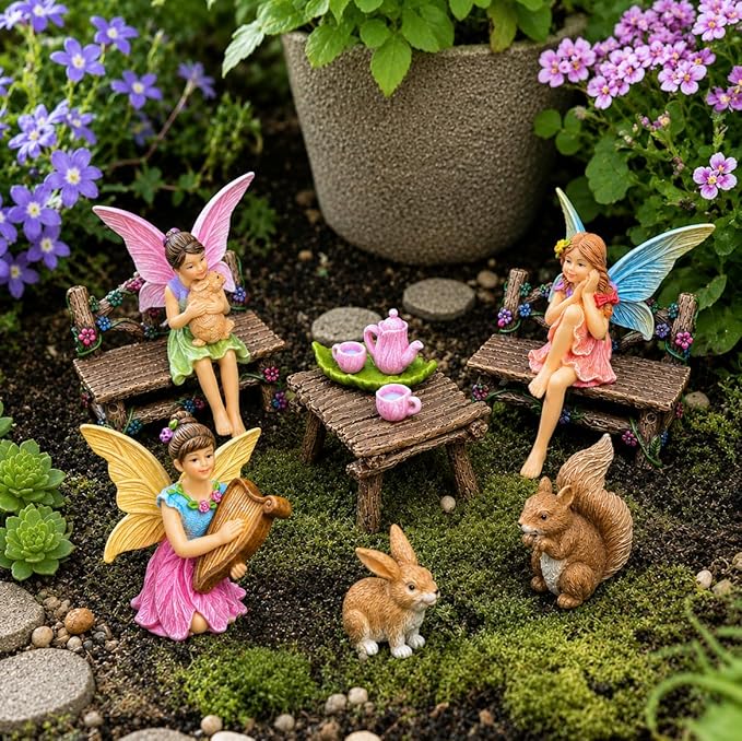 Mood Lab Fairy Garden Figurines - Miniature Decor Set (12 pcs) - Statues & Accessories - Outdoor & Indoor Garden Decor